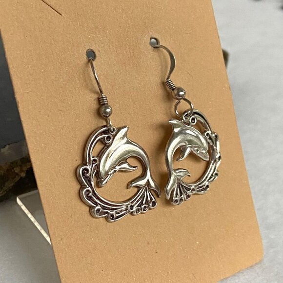 VTG Sterling Silver 925 VIMAR 1.60" Jumping Dolphin Wave Dangle Earrings Sealife - Picture 3 of 16